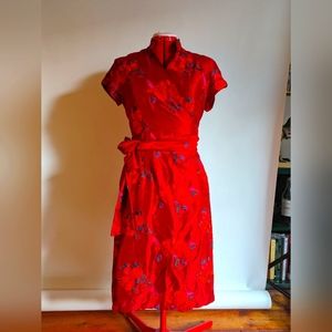 Antoine and Lili Wrap silk red dress with embroidered flowers